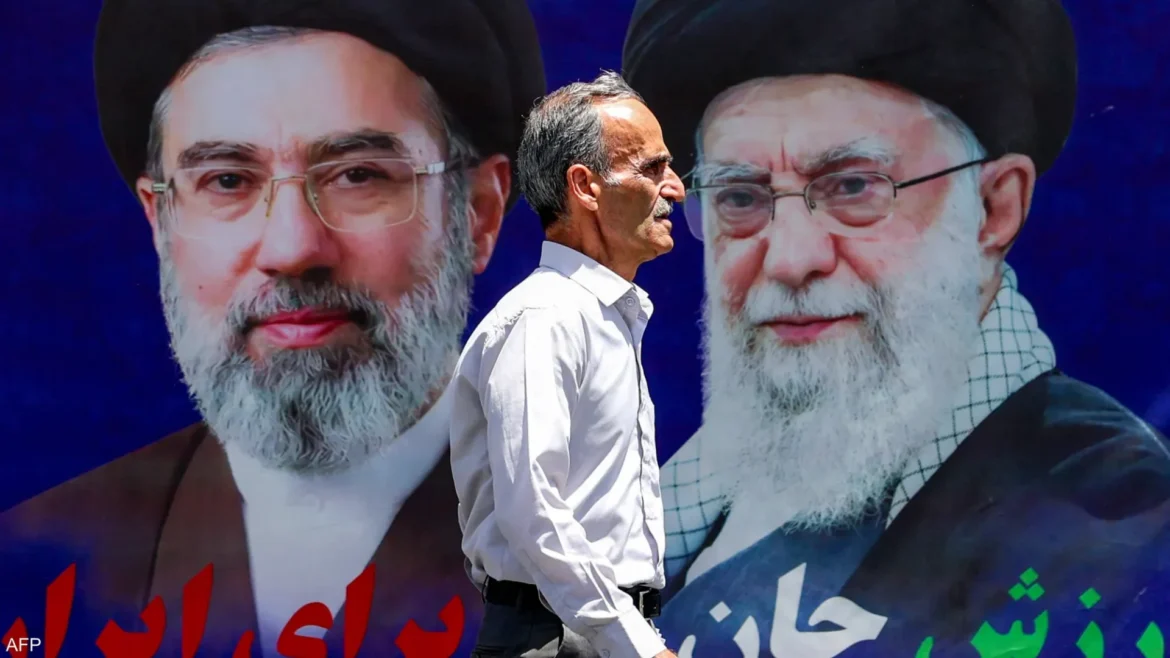 Man in a white shirt walks past a large campaign poster showing two elderly men with beards against a blue background.