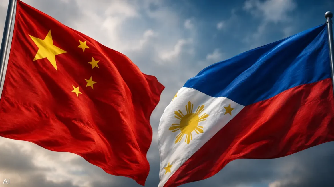 Two national flags waving in the wind: China on the left and the Philippines on the right against a cloudy sky.