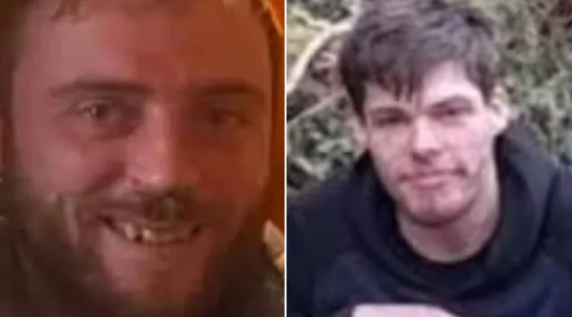 Split-screen image of two men: left, bearded man smiling in warm lighting; right, younger man with short hair in a dark hoodie outdoors