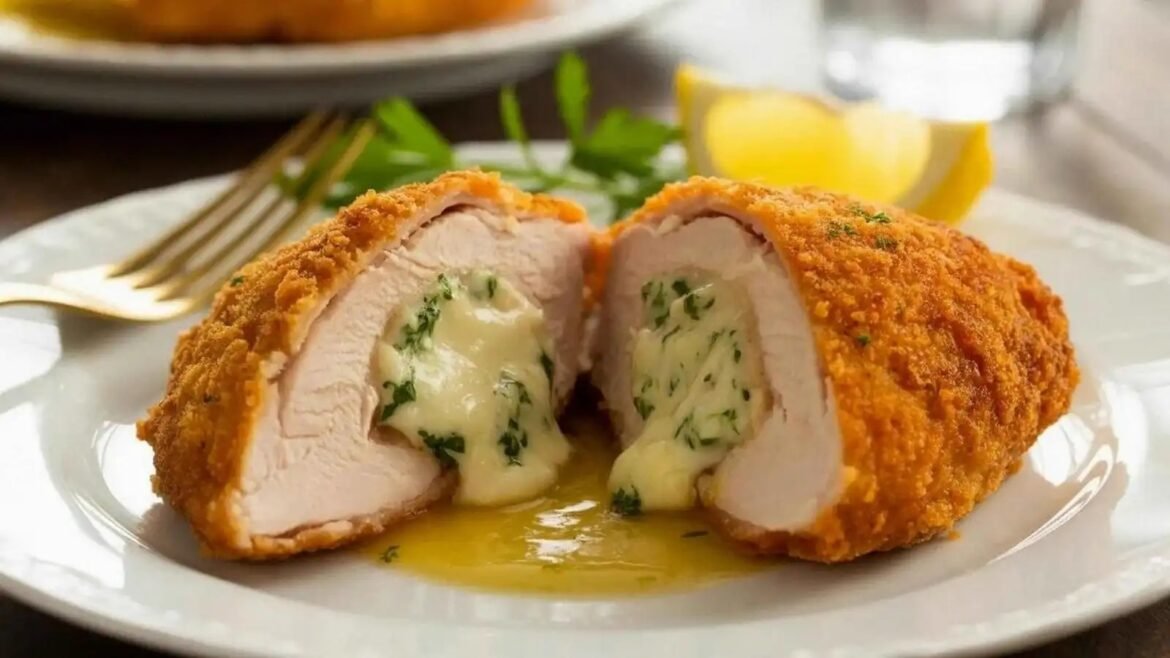Breaded chicken breast stuffed with herb cream cheese, sliced to reveal melted filling, on a white plate with a lemon wedge.