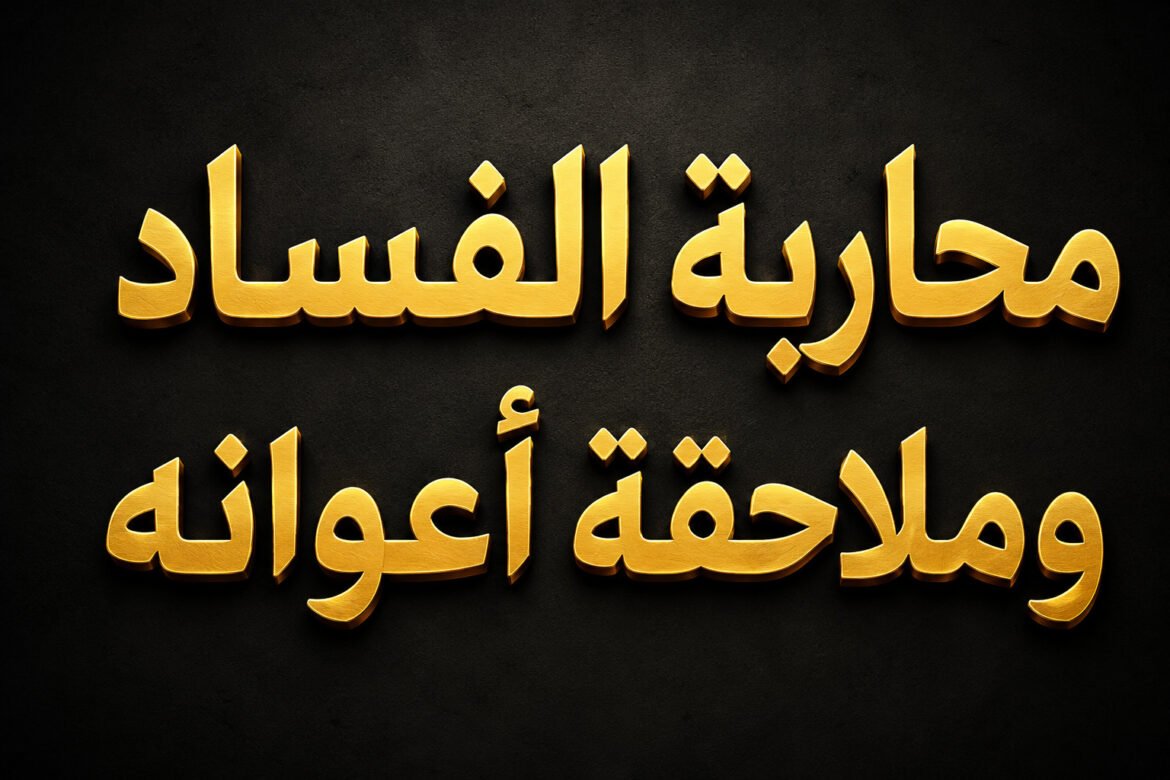 Two lines of gold 3D Arabic text on a dark textured background; top line reads 'محادثة المساء' and bottom line reads 'وملاحقة أوقاته'