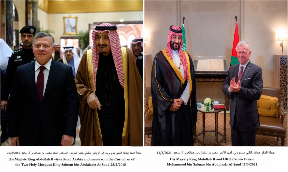 King Abdullah II of Jordan walks beside Saudi King Salman in a ceremonial hall, surrounded by staff and security men behind them on a formal visit.