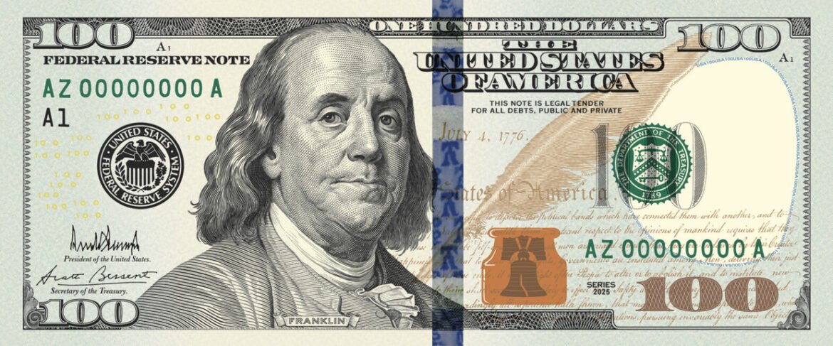 Split image showing left half of a classic $100 bill featuring Benjamin Franklin and right half of a redesigned $100 with blue security stripe, united by a central seam.