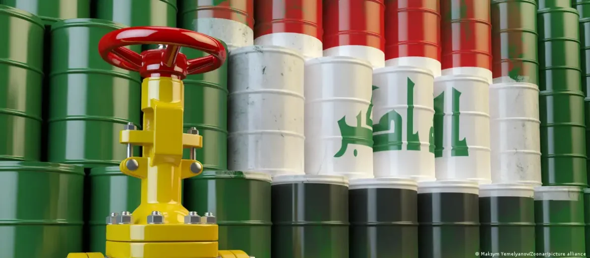 Yellow industrial valve in front of stacked oil barrels in green, white, and red with Arabic writing on the white drums.