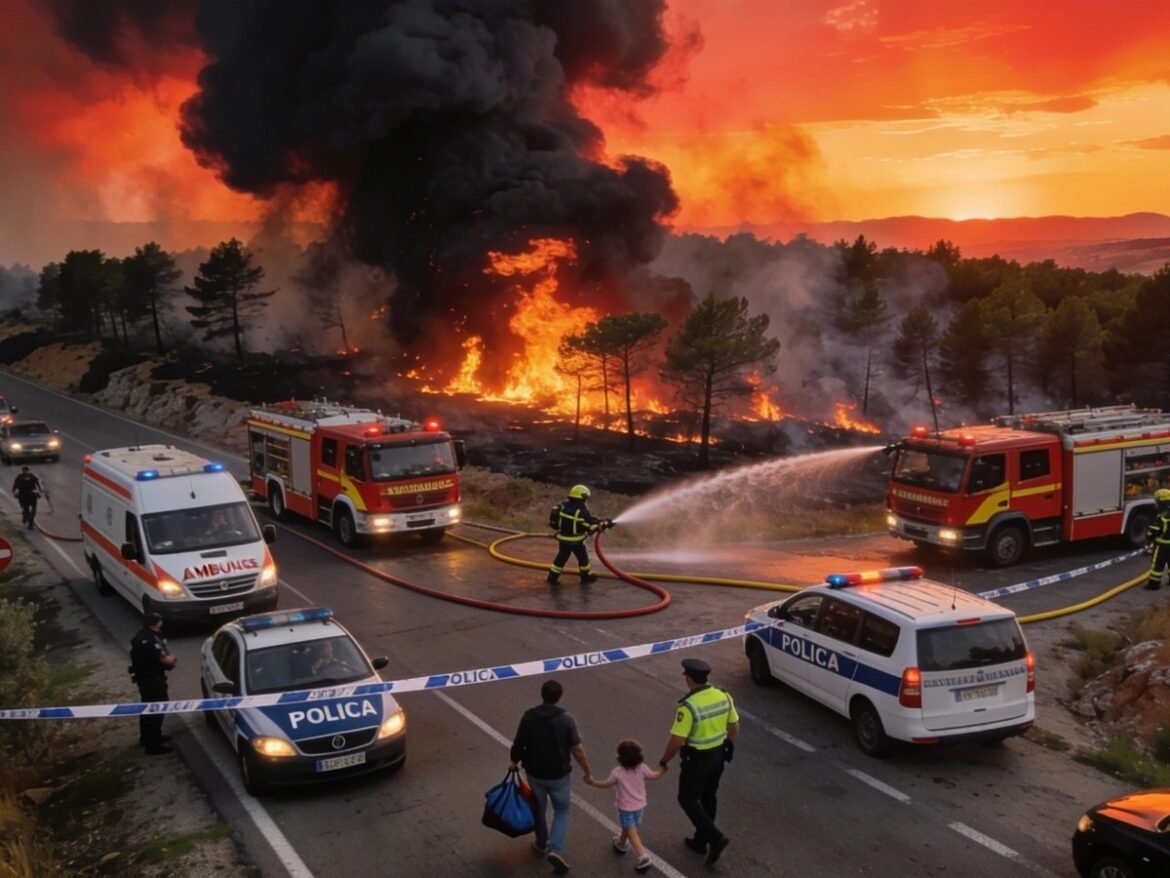 Firefighters battle a large roadside wildfire; fire trucks, police cars, an ambulance, and bystanders behind tape.