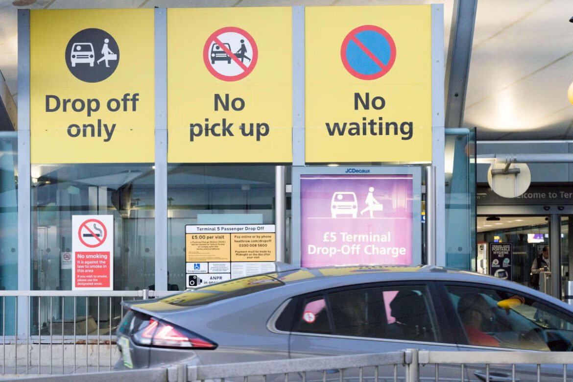 Airport curb signage: 'Drop off only', 'No pick up', 'No waiting' with a car in front of the terminal.
