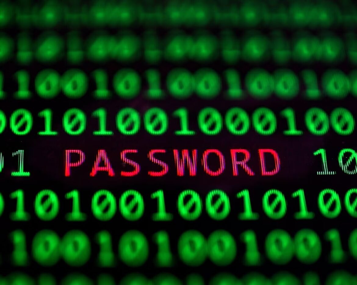 Green binary code background with the word PASSWORD highlighted in red/pink to signify a password or password security.