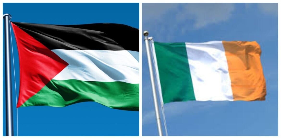 Two national flags side by side: left is the Palestinian flag, right is the Irish flag, fluttering against a blue sky.