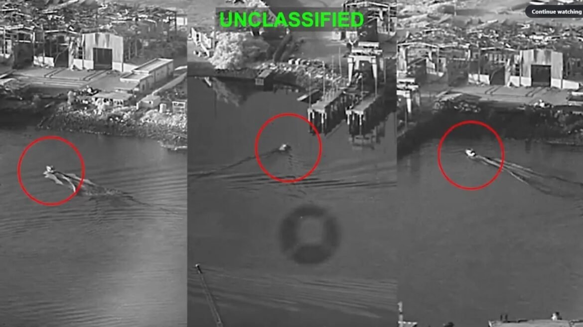 Surveillance frames of a small boat on a river, with red circles marking the boat in three time steps.