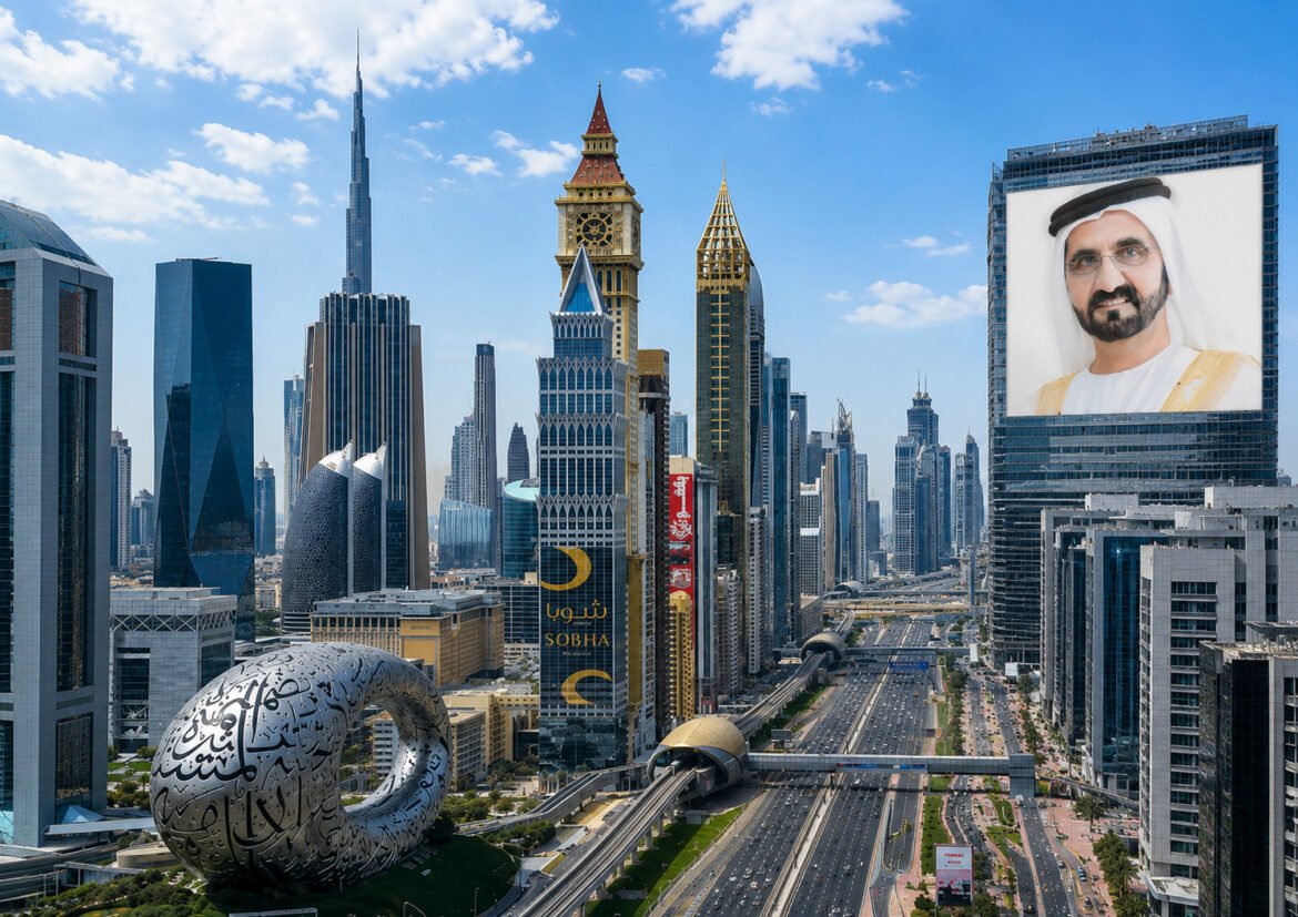 Dubai skyline with futuristic towers, a large Arabic script sculpture in foreground, and a giant screen showing a man in white robes on a building façade.