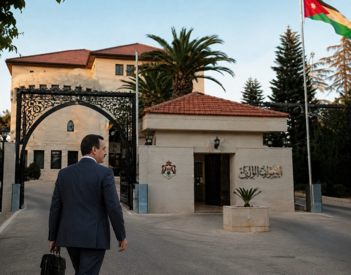 Man in a dark suit carrying a briefcase approaches an ornate gated entrance to a government building with a Jordanian flag nearby.