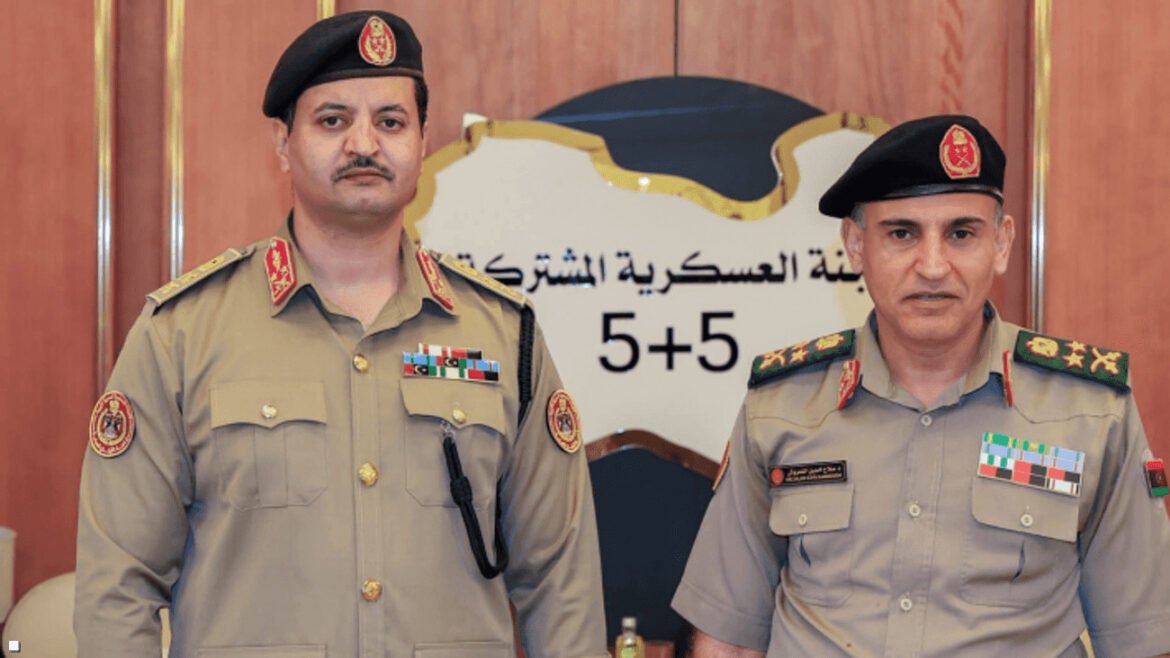 Two uniformed military officers stand side by side in front of a banner with Arabic text and the number 5+5, indoors.