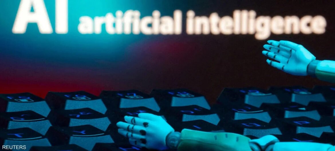 Robotic hands above a keyboard with the words 'AI artificial intelligence' glowing in the background.