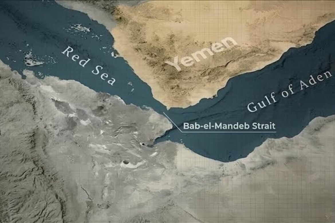 Satellite map highlighting the Bab-el-Mandeb Strait between the Red Sea and the Gulf of Aden near Yemen, with labeled bodies of water and landmasses in beige and blue tones.