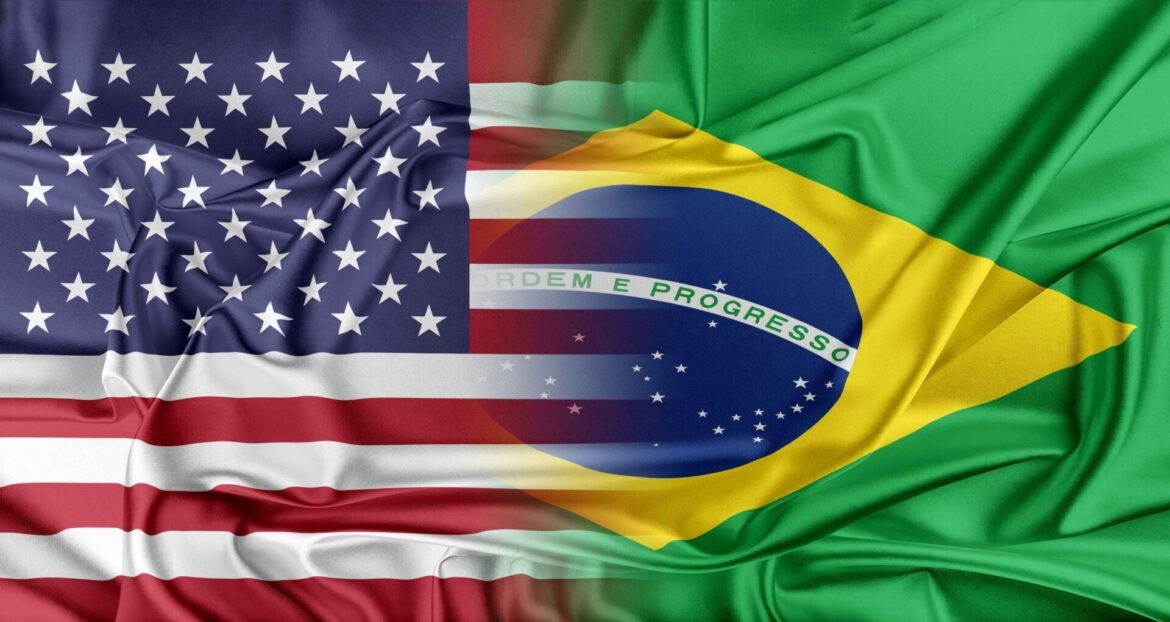 Composite image of the United States flag and the Brazilian flag merged together with a central blend
