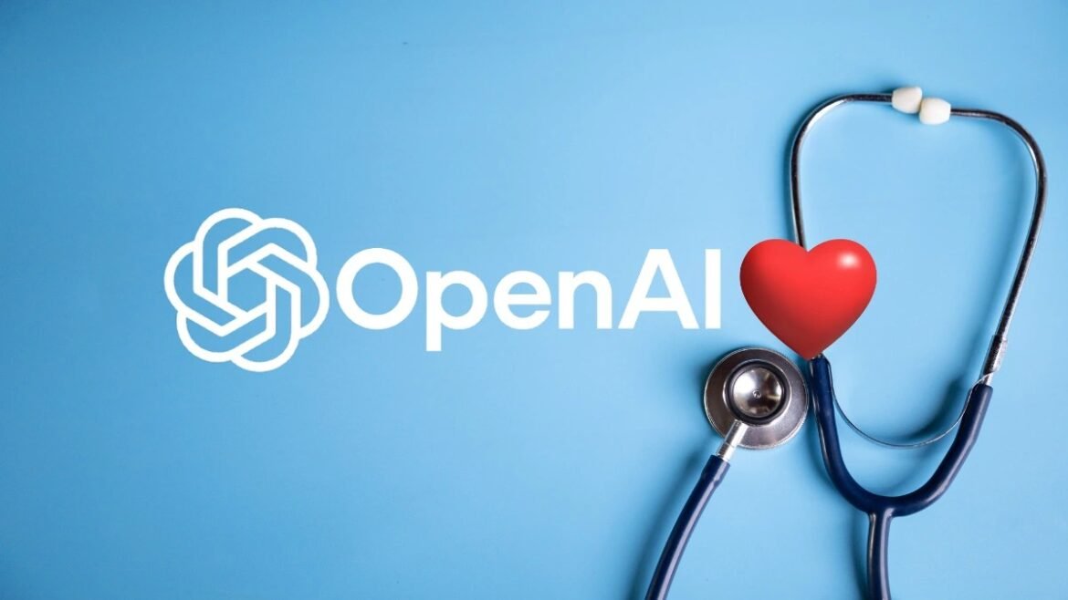 OpenAI logo on a blue background with a stethoscope and a red heart, suggesting health technology or medical AI