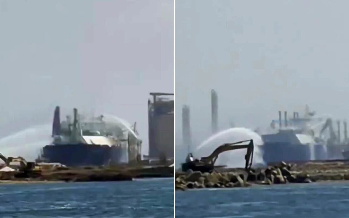 Two-panel image of a coastal construction site with equipment and rocky shoreline; a large curved white structure dominates the left panel while an excavator arm sits on rocks in the right panel.
