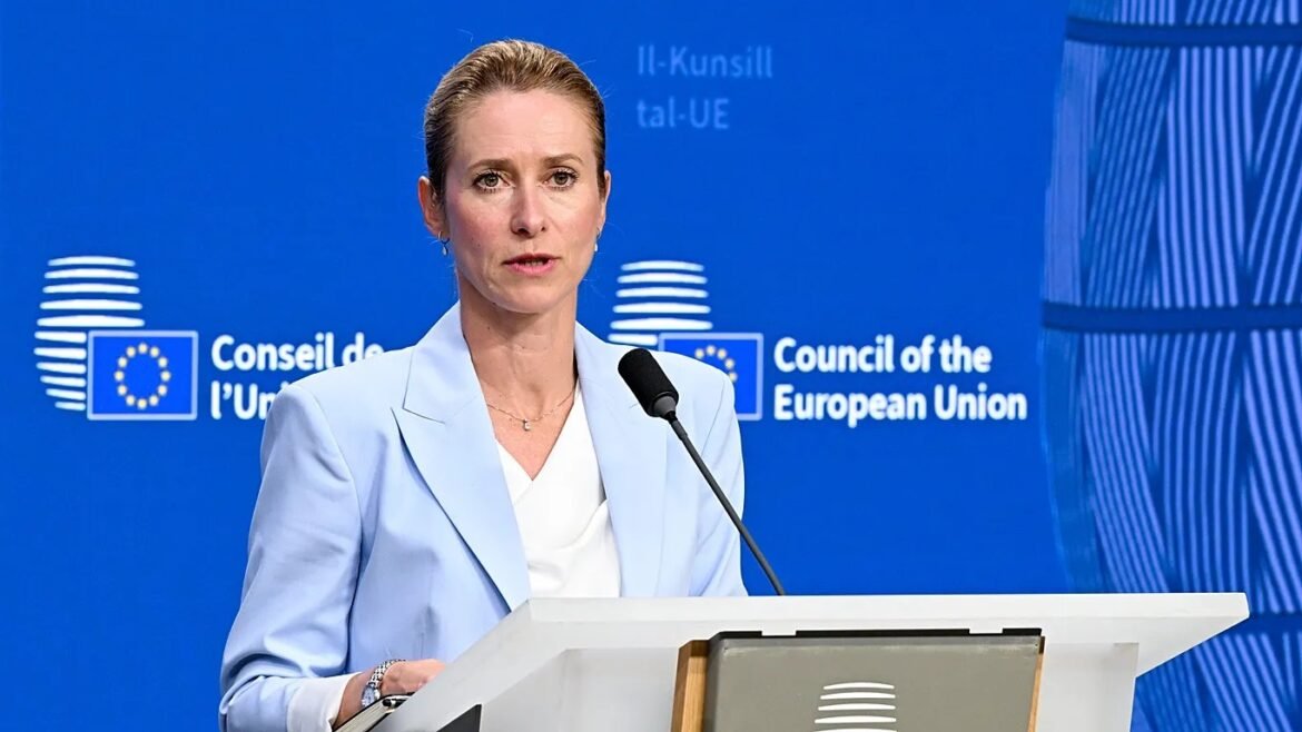 Woman in a light blue blazer giving a speech at a podium in front of a blue European Union backdrop showing EU signage
