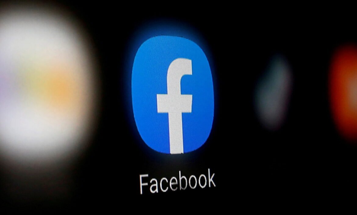 Facebook logo: white 'f' on a blue circle, with the word 'Facebook' visible below on a dark screen