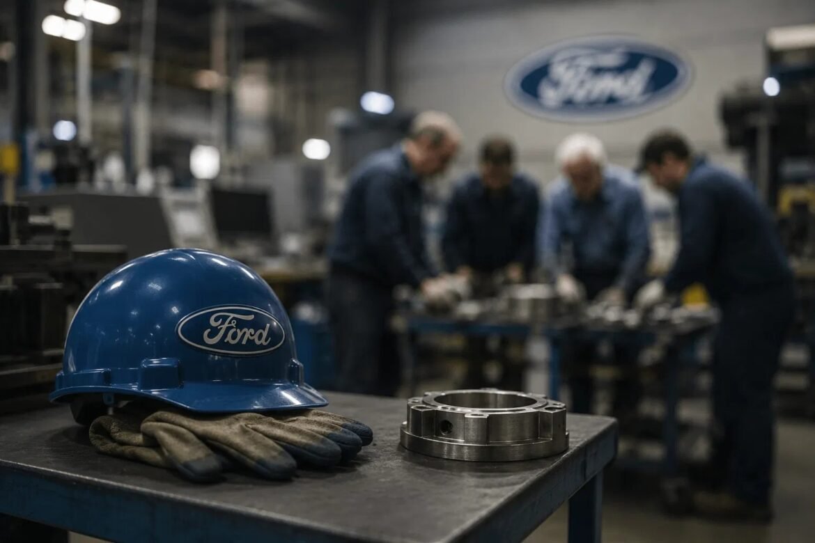 Blue Ford hard hat and gloves on a workbench with a metal flange, factory floor in the background.