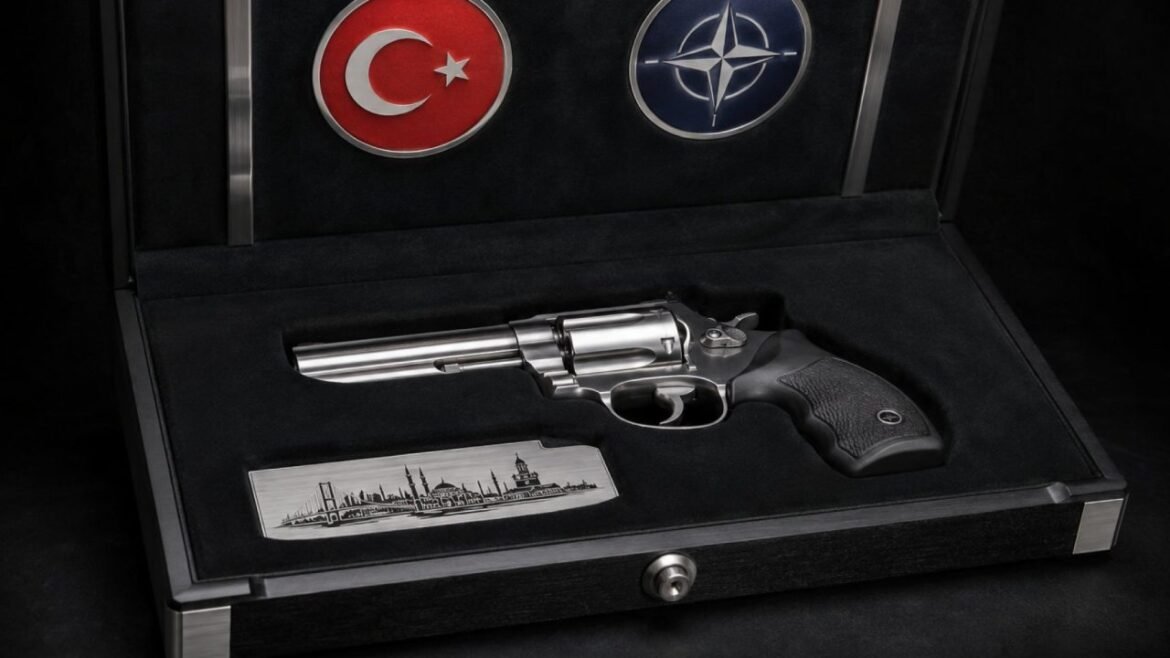 Polished revolver on a black velvet display, flanked by Turkish and NATO insignias above and a skyline plaque below.