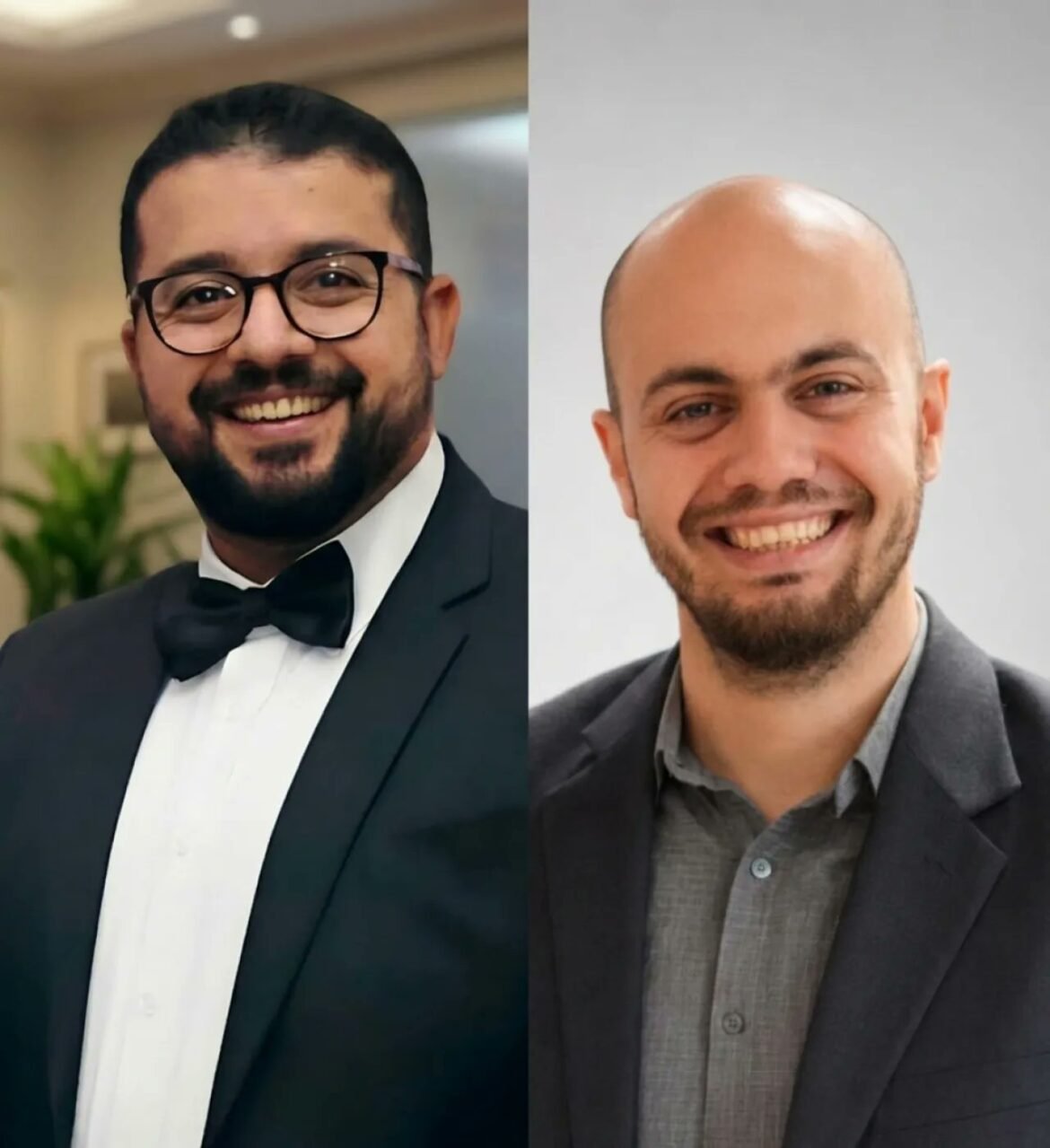 Two men in formal attire smiling side by side: left wears glasses and a black tuxedo with a bow tie, right in a dark blazer with a gray shirt.