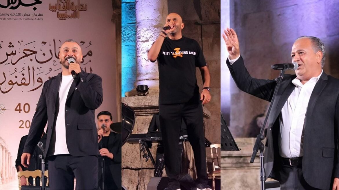 Triptych of three male singers performing on a cultural festival stage; left in a blazer, middle in a black T‑shirt, right in a suit, all with microphones.