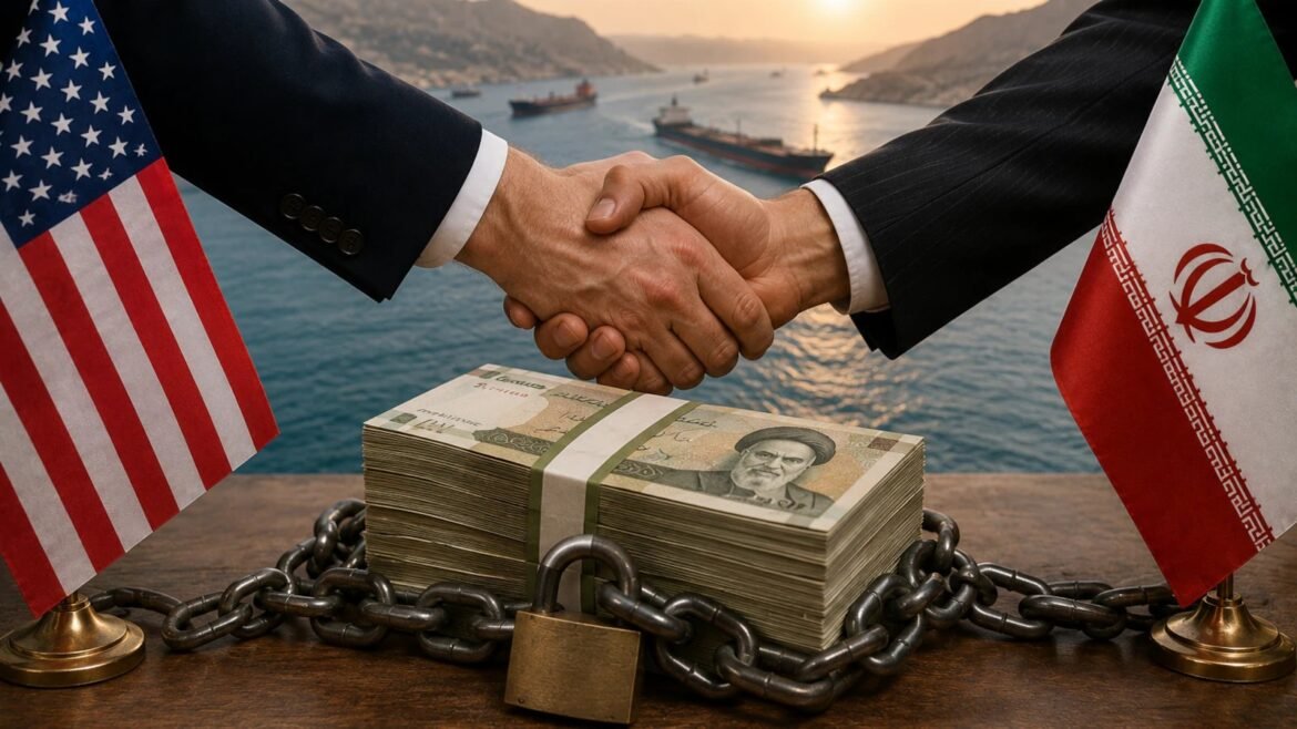 Handshake between US and Iran representatives over a stack of money chained and padlocked, harbor in the background.