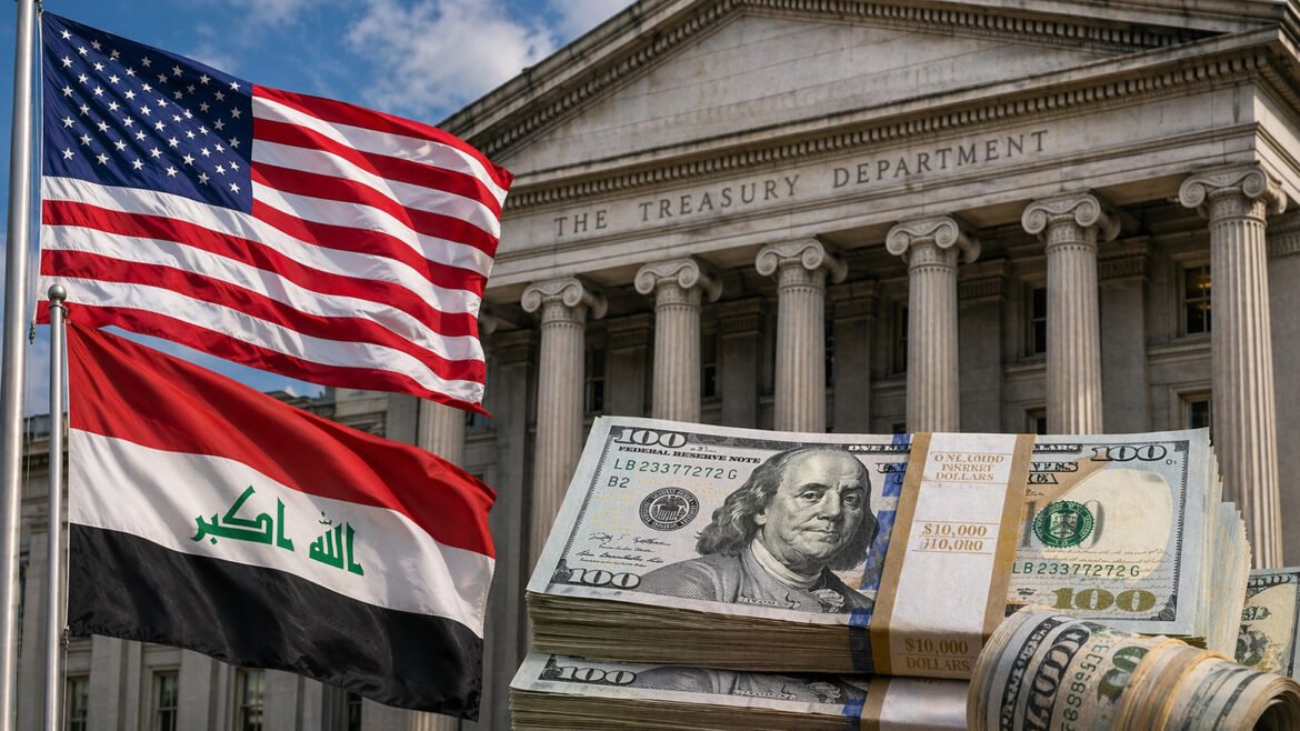 American and Iraqi flags flutter in front of a neoclassical government building with 'The Treasury Department' inscription, beside bundles of hundred-dollar bills in the foreground.