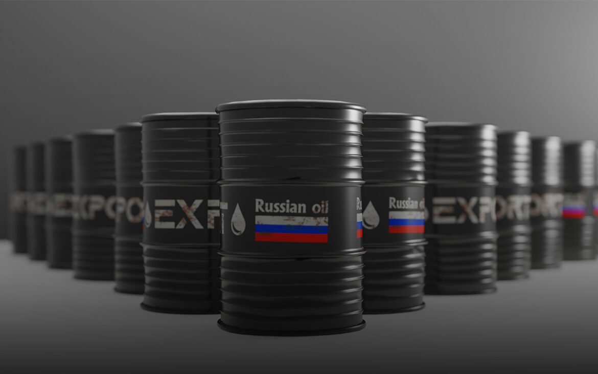 Row of black oil barrels with a label reading 'Russian oil' and a Russian flag, arranged in a line in a dimly lit facility.