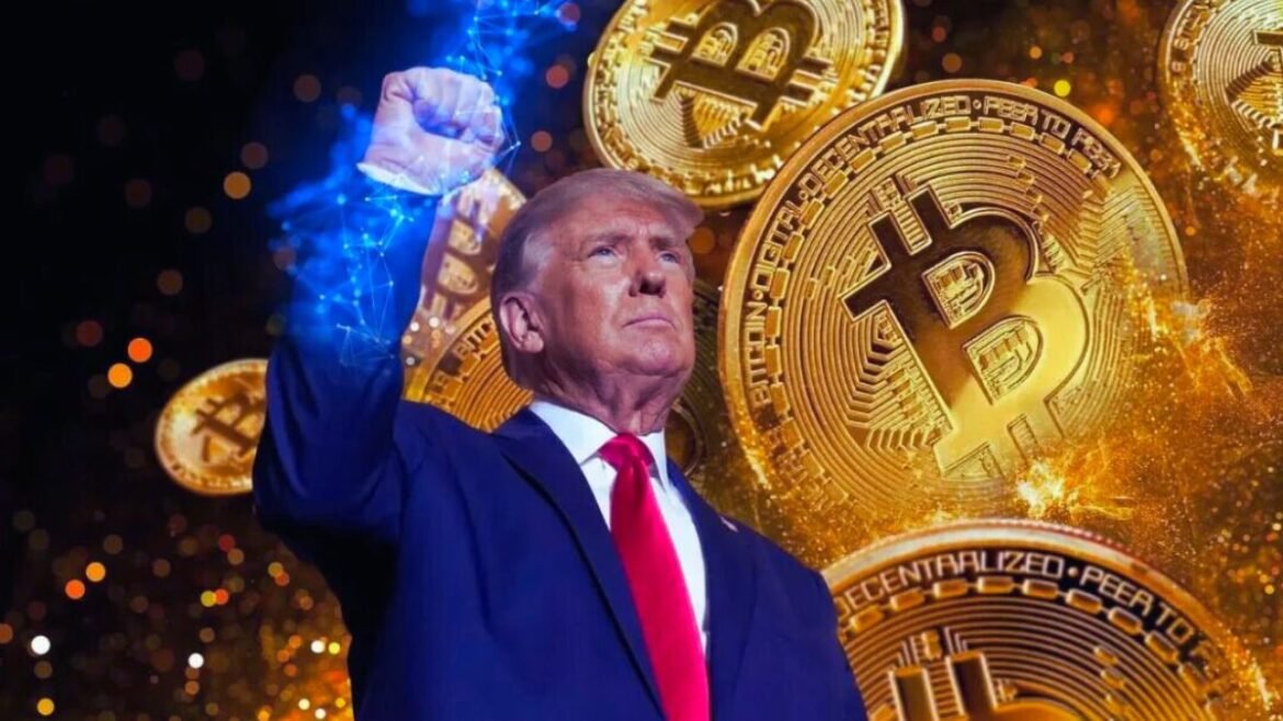 Man in a navy suit and red tie raises a clenched fist with a backdrop of large golden bitcoin coins, suggesting crypto power or wealth.