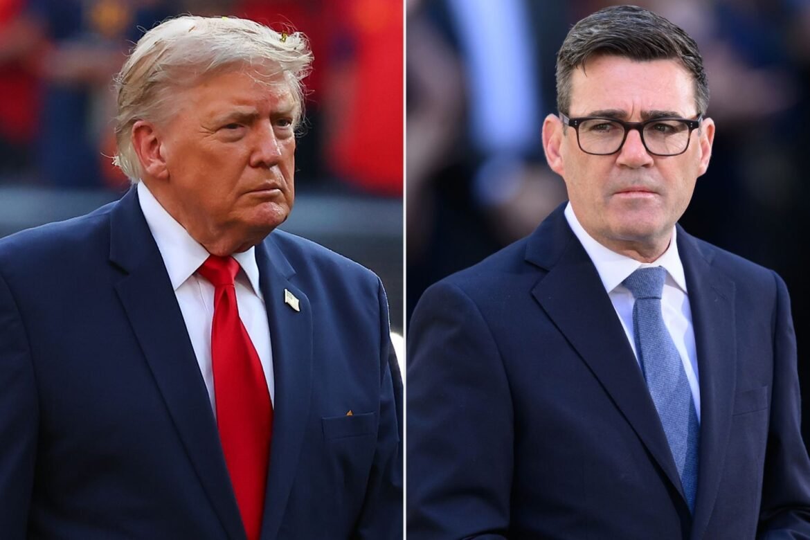 Two men in dark suits standing outdoors, split image: left with a red tie, right with a light-blue tie and glasses.