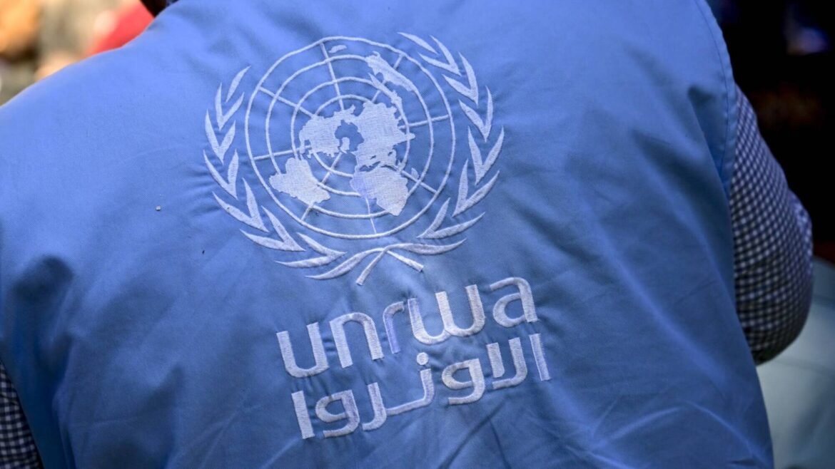 Close-up of a blue vest showing the United Nations emblem with olive branches framing a world map.