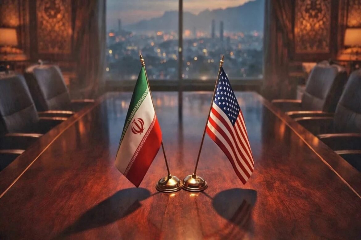 Iran and United States flags on a polished conference table, ready for diplomatic talks in a dimly lit boardroom.