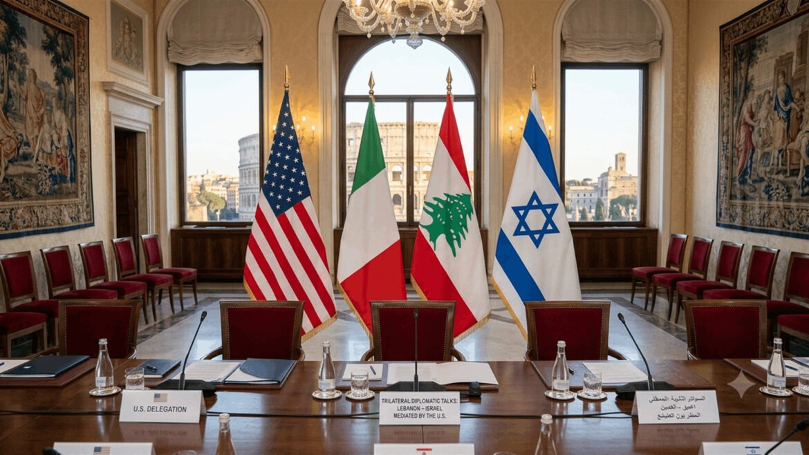 Diplomatic conference room with four flags (USA, Italy, Lebanon, Israel) behind a long table and red chairs all around.