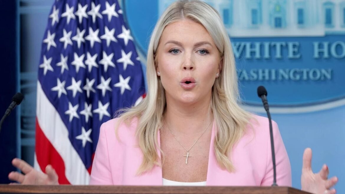 Blonde woman in a pink blazer speaks at a White House press briefing with an American flag behind her.