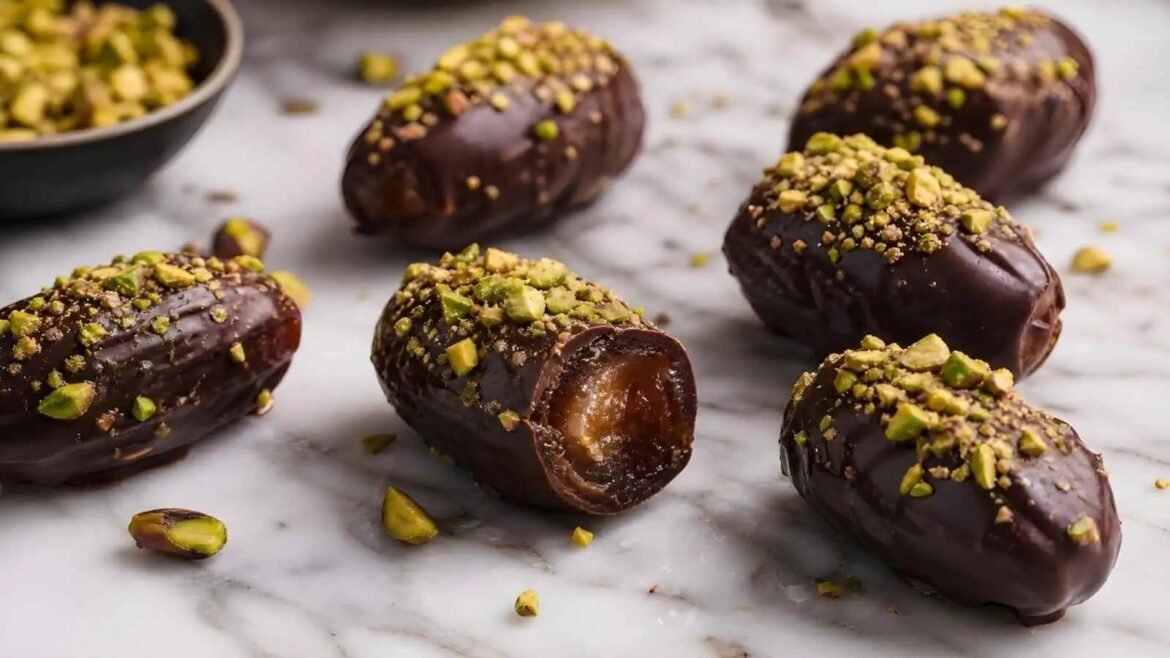 Chocolate-covered dates topped with chopped pistachios on a marble surface.