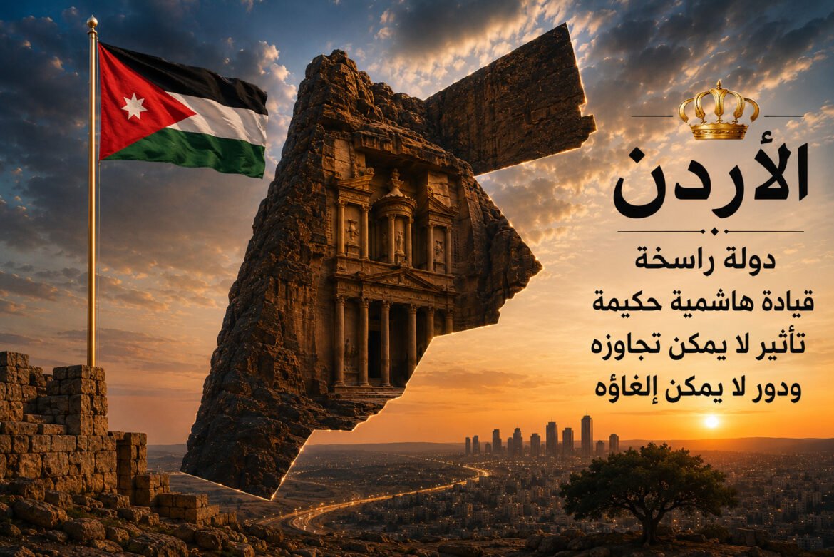 Jordan flag at left, a rocky cliff carved into an ancient temple, with a crown emblem and Arabic slogan about Hashemite leadership at sunset.