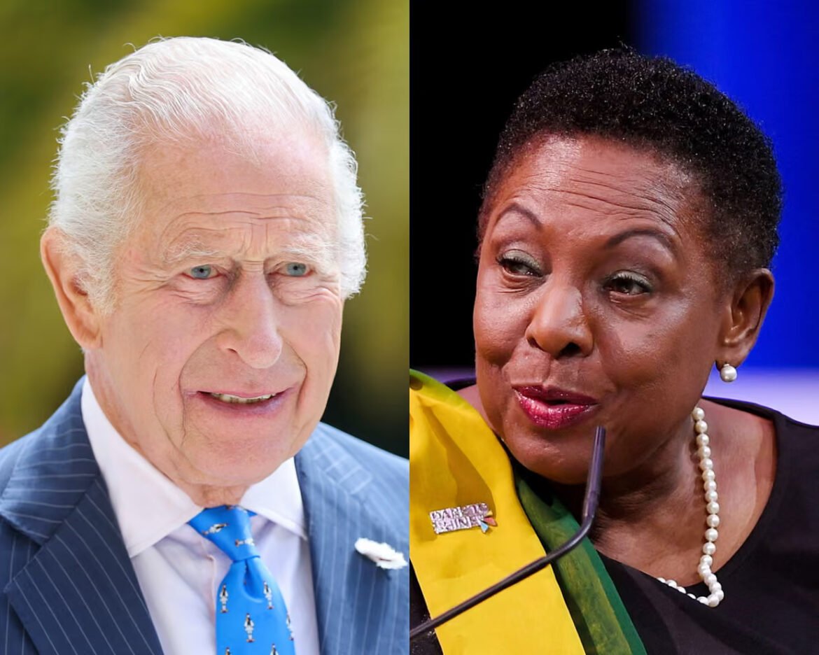 Left: older man in a blue pinstripe suit and bright blue tie; outdoors, smiling. Right: Black woman in black attire with a pearl necklace and a yellow-green scarf, speaking at a podium.