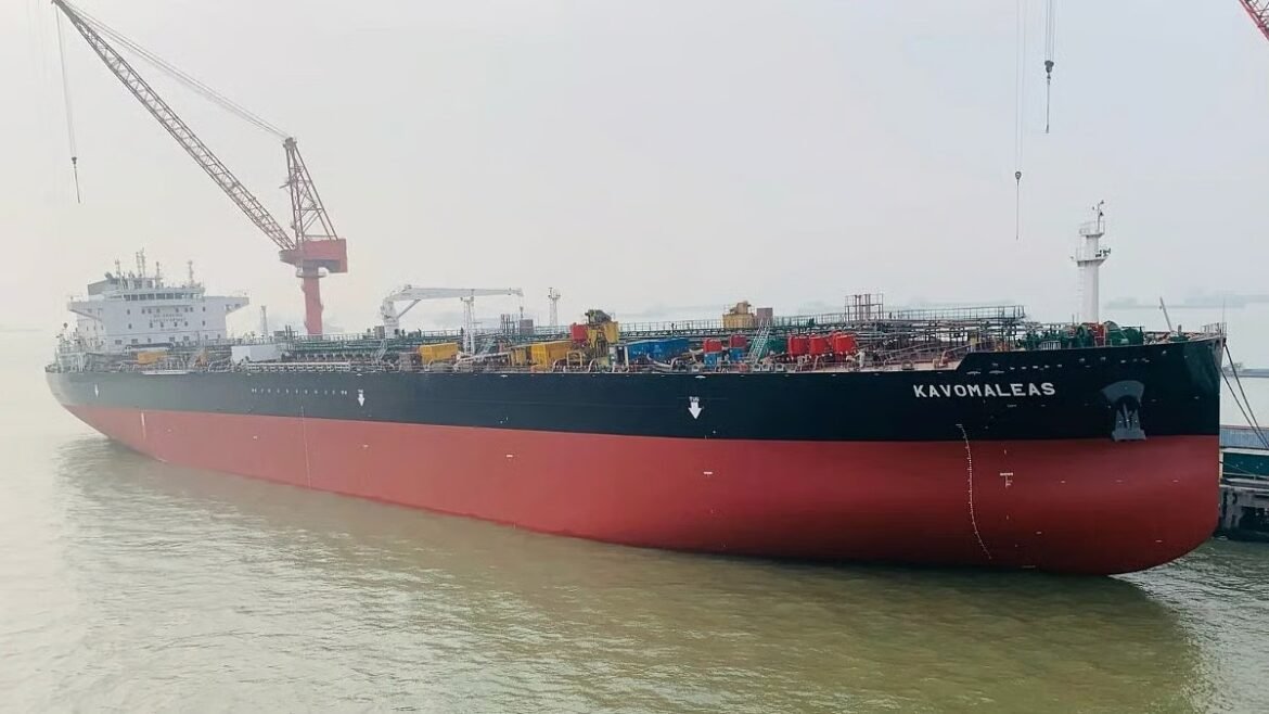 Large oil tanker Kavomaleas moored at a port, with cranes and deck equipment visible for loading activity