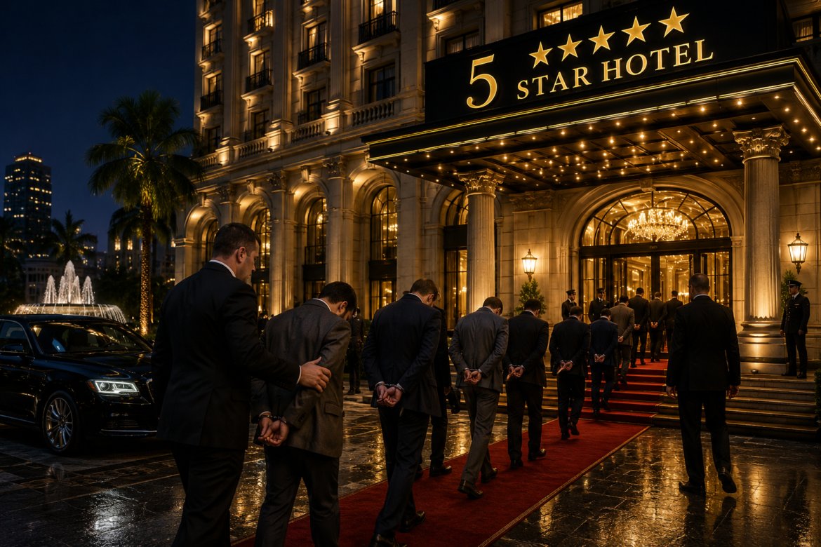 Line of men in suits with hands behind backs walking up a red carpet to a grand five-star hotel entrance at night, chandelier-lit lobby ahead.