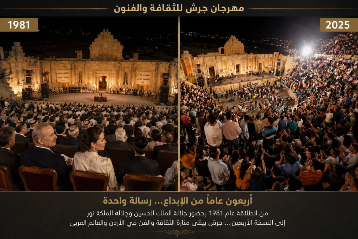 Split image showing the Jersh Culture and Arts Festival: left panel (1981) a formal ceremony in an ancient ruin with a stage and seated attendees; right panel (2025) a large night-time crowd celebrating on the same site.