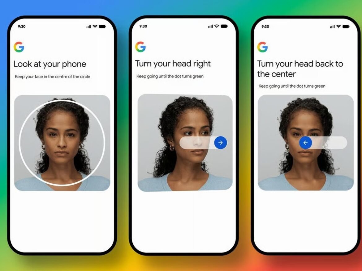 Google’s face unlock tutorial: three screens showing how to look at your phone, turn head, and return to center for authentication.