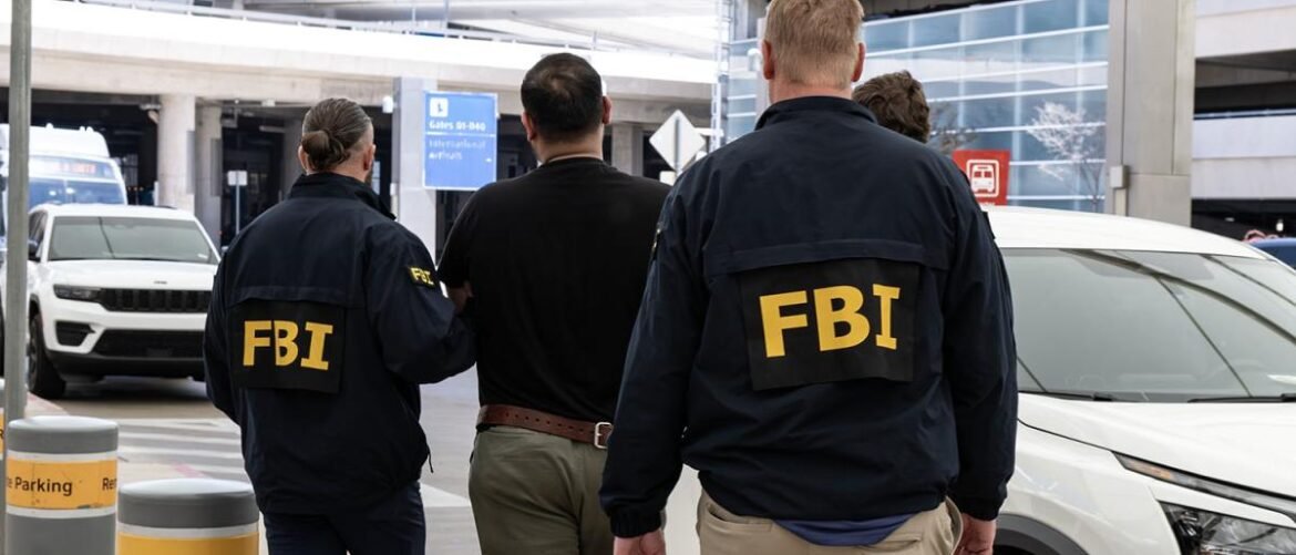 Two FBI agents in dark jackets escort a man in a black shirt outside a building, with cars nearby and signage in the background.
