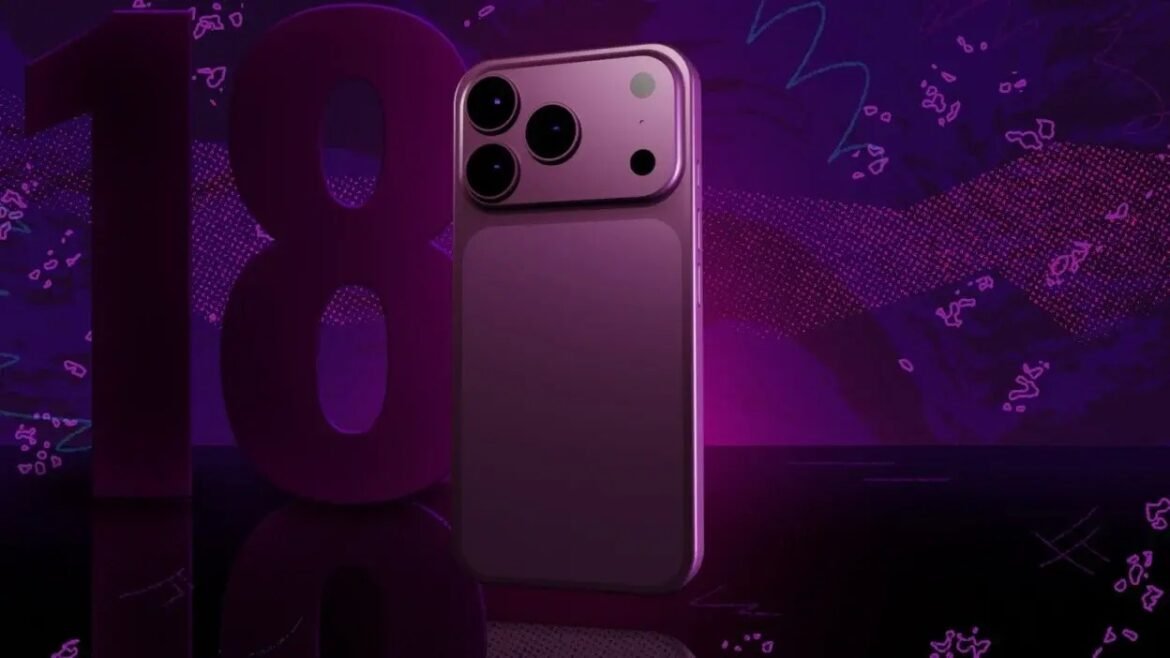 Purple iPhone with triple-camera setup standing upright against a neon purple background, showcasing the back design.
