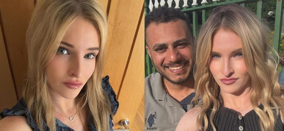Left panel shows a close-up of a blonde woman wearing a heart-shaped necklace; right panel shows a man and a blonde woman smiling outdoors in front of a green fence.