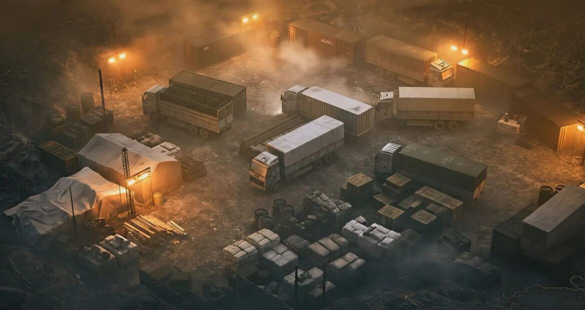 A nighttime aerial view of a cargo yard with trucks, containers, crates, and tents lit by warm industrial lights.