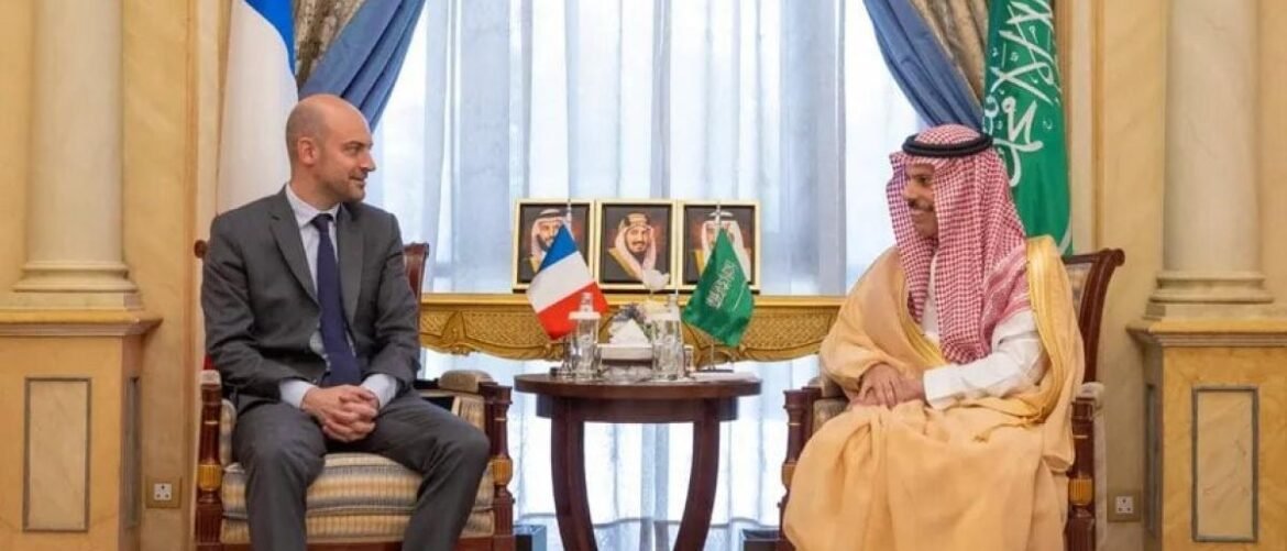 Two men in formal attire sit facing each other in an ornate room with French and Saudi flags on a table between them.