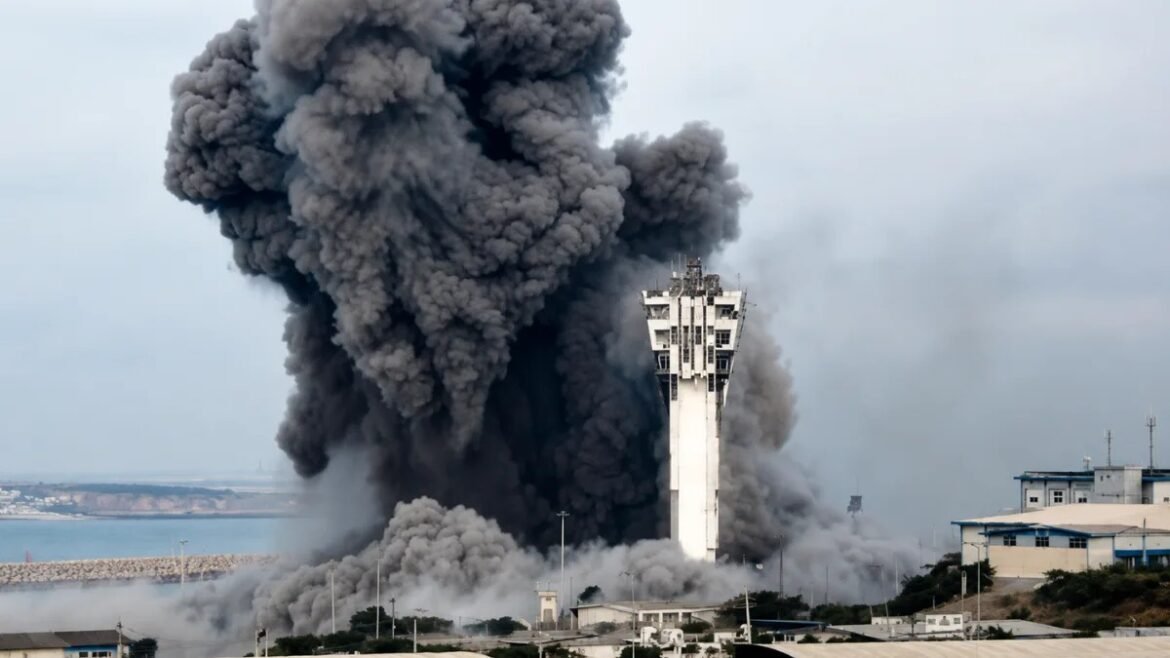 Tower building being demolished with a massive black smoke plume rising from the base, at an industrial site near water.