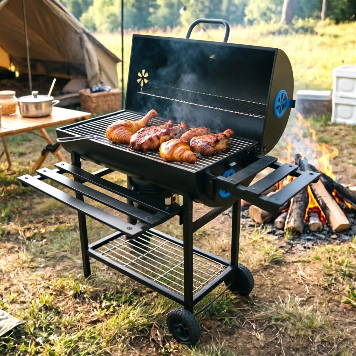 Outdoor campsite barbecue with sausages and chicken on a black grill, smoke rising, tent in background.